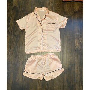 Park Adelyn Womens Satin Pajama Set Top & Shorts Black Piping Detail Glam Cozy